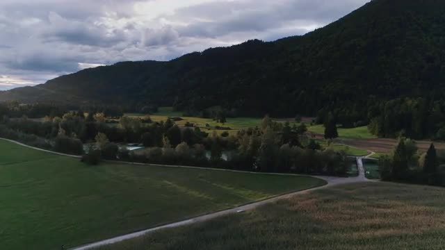 Aerial view flying over the landscape in Lepena Valley