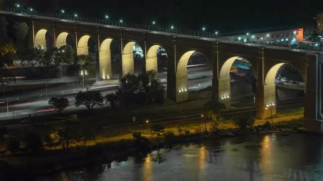 High bridge viaduct over Harlem River Night reflections