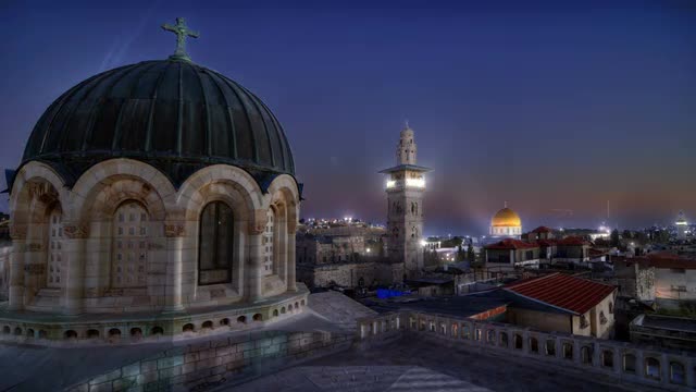 Time lapse of sunset over Jerusalem rooftops, including Dome of the Rock