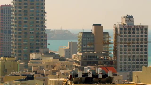Panning shot of Tel Aviv and the Mediterranean Sea shot in Israel. Panning shot of Tel Aviv and the Mediterranean Sea shot in Israel.