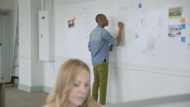 Rack focus of businesswoman to businessman in startup office