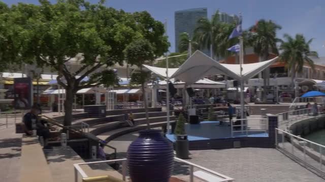 View of harbour and Bayside Shopping Mall, Downtown, Miami, Florida, United States of America, North