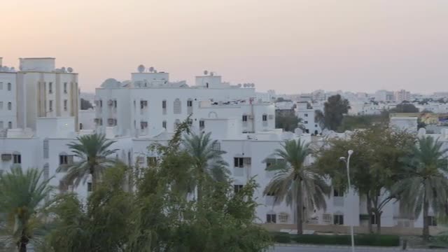 Panoramic view of Muscat near Panorama Mall at sunset, Muscat, Oman, Middle East, Asia