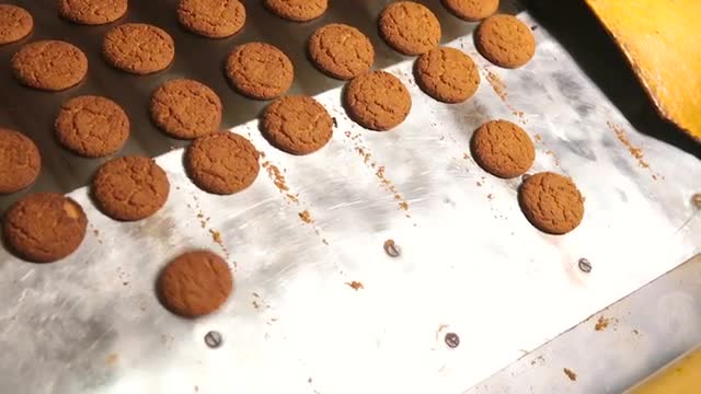 Cookies leave the oven in the bakery.