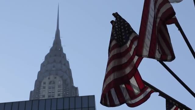 Chrysler Building &amp; American flags, Manhattan, New York City, New York, USA, North America 