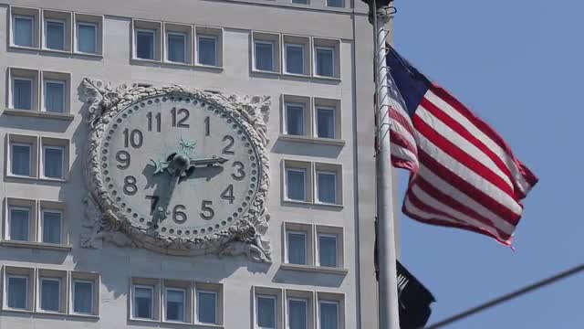 Clock &amp; American Flag, Flat Iron District, Manhattan, New York City, New York, USA, North Americ