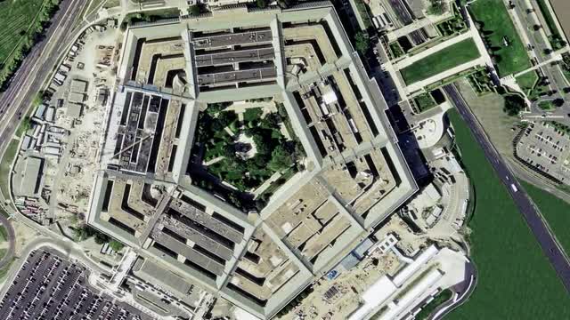 Aerial establishing shot of the Pentagon building