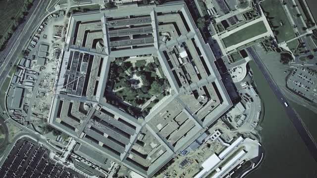 Aerial establishing shot of the Pentagon building