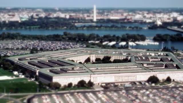 Aerial establishing shot of the Pentagon building