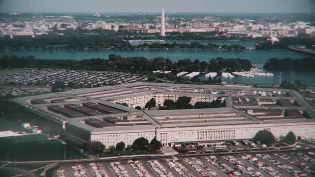 Aerial establishing shot of the Pentagon building