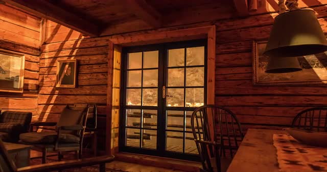 Timelapse in traditional wooden house at night with cityscape
