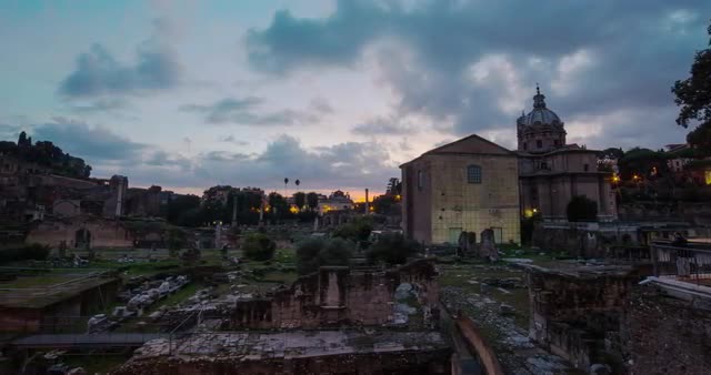 Timelapse of Roman Forum during sunset with light changhing