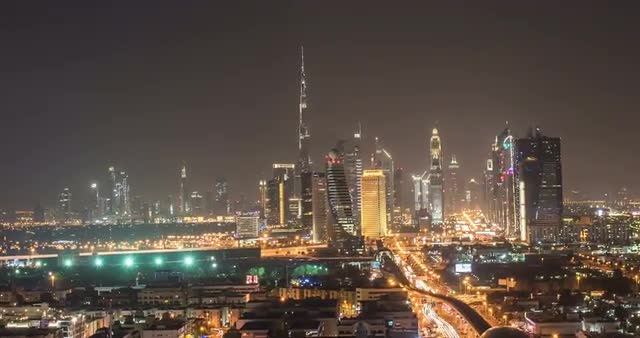 Timelapse of skyline from a distance with amazing viewpoint transition at night