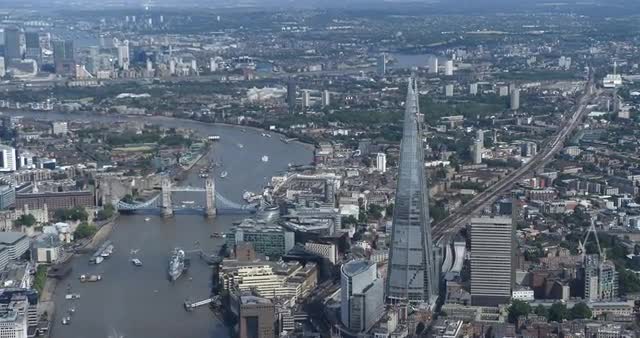 Aerial shot of central London with view of The Shard and Tower Bridge