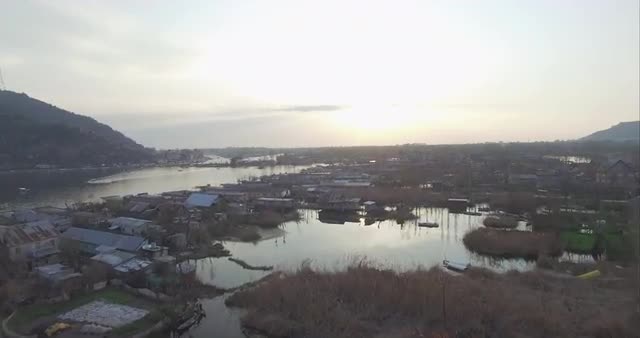 Aerial Shot of Town on the Water