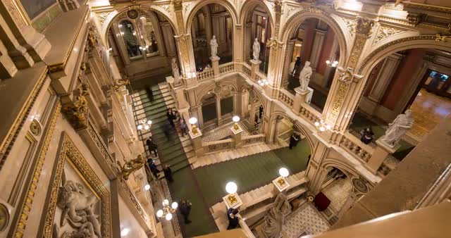 Moving timelapse of Vienna State Opera House interior on slider at night