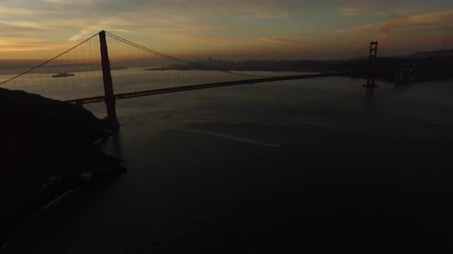 Golden Gate Bridge at dusk, San Fransisco, California, aerial shot