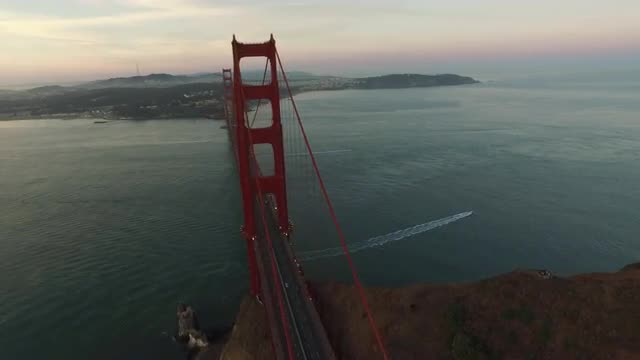 Golden Gate Bridge at dusk, San Fransisco, California, aerial shot