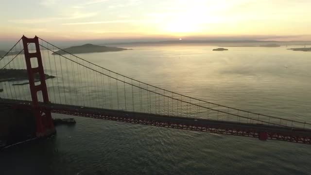 Golden Gate Bridge at dusk, San Fransisco, California, aerial shot
