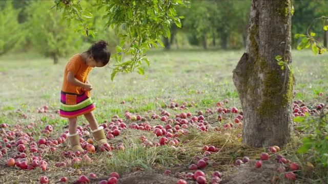 Young girl in Fall putting apple in pocket