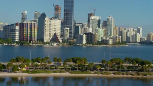 Aerial view of Rickenbacker Cauesway and downtown Miami, Florida