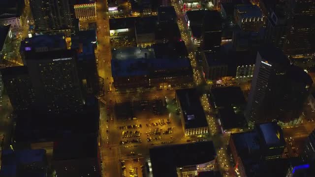 Denver, Colorado circa-2017, Aerial view of Denver downtown streets at night