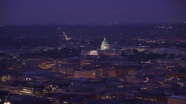Washington, D.C. circa-2017, Aerial view of Washington D.C. at dawn.  Shot with Cineflex and RED Epi