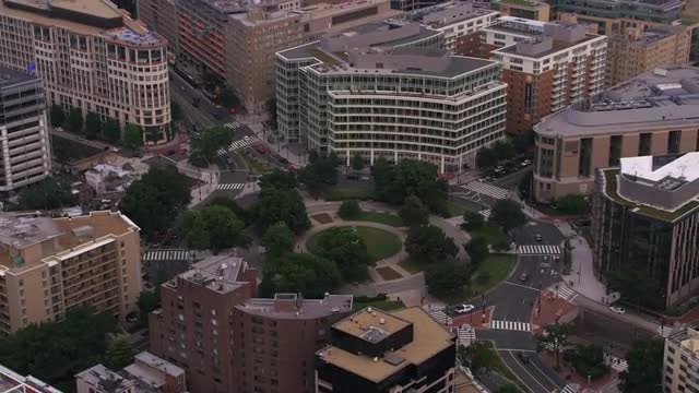 Washington, D.C. circa-2017, Aerial view of Washington Circle with statue of George Washington.  Sho