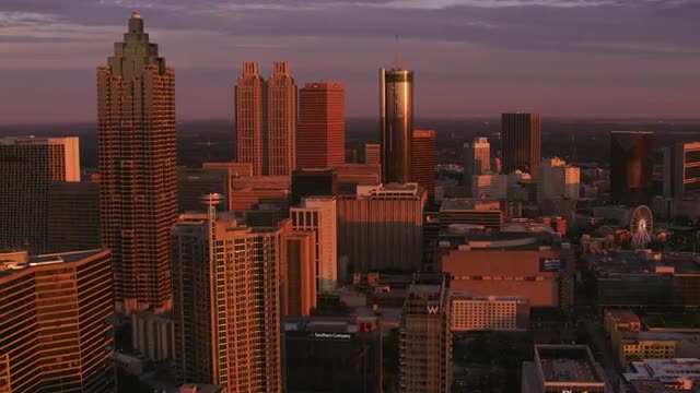 Atlanta, Georgia circa-2017, Aerial shot of downtown Atlanta at sunset.  Shot with Cineflex and RED 