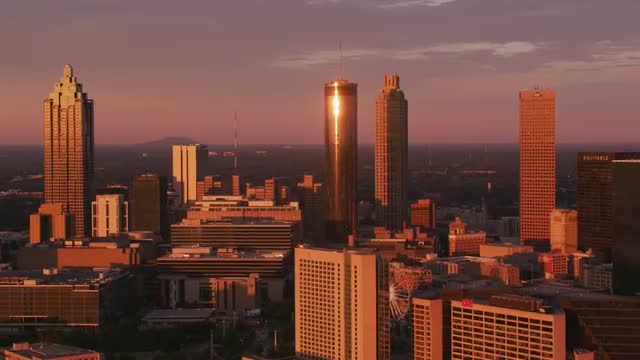 Atlanta, Georgia circa-2017, Aerial shot of downtown Atlanta at sunset.  Shot with Cineflex and RED 