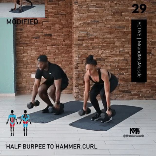 Half Burpee to Hammer Curl Exercise Howto Workout Trainer by Skimble