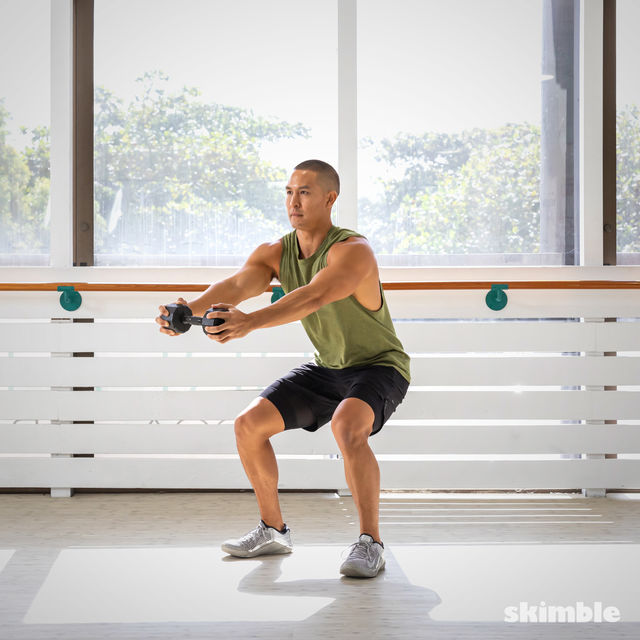 Squats with Dumbbell Raise Exercise Howto Workout Trainer by Skimble