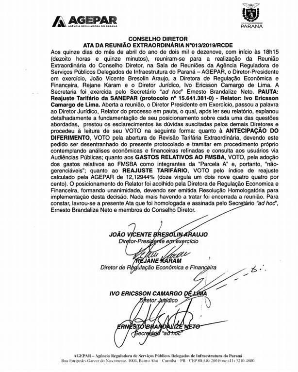 Ata da reunião que autoriza reajuste. 