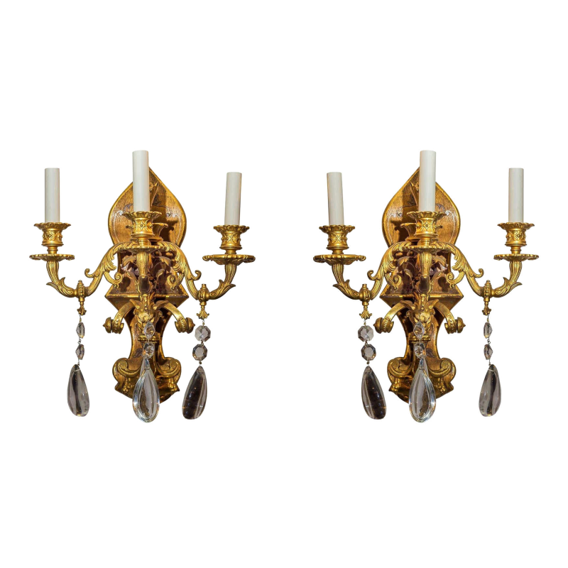 Pair Chinoiserie Gilt Bronze & Wooden Sconces