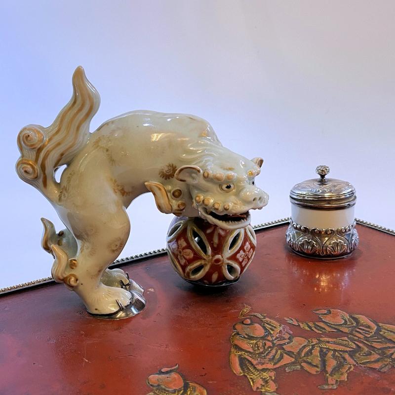 Chinese Lacquer Porcelain and Silver Inkwell