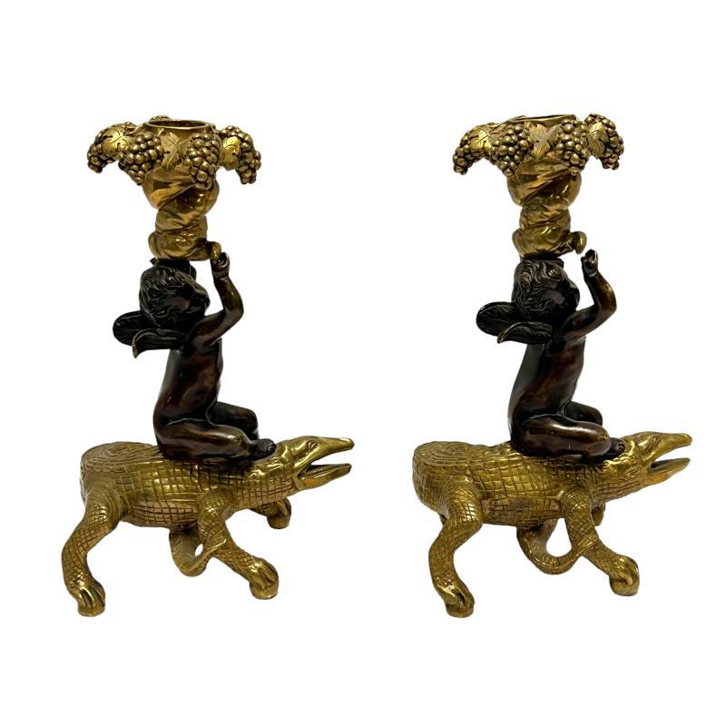 Pair Crocodile and Putti Bronze Candlesticks