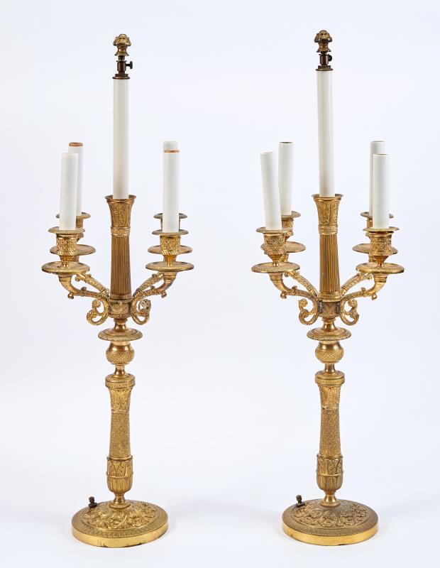 Pair French Charles X Period Gilt Bronze Candelabra Lamps