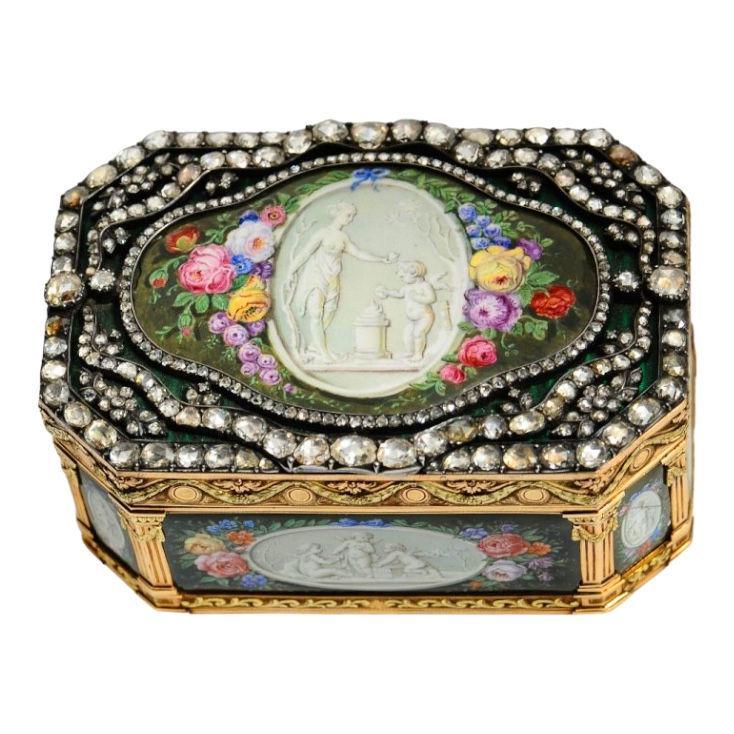 Louis XVI 22K Gold Diamond Encrusted Snuff Box Decorated by Charles-Jacques de Mailly (1740-1817)