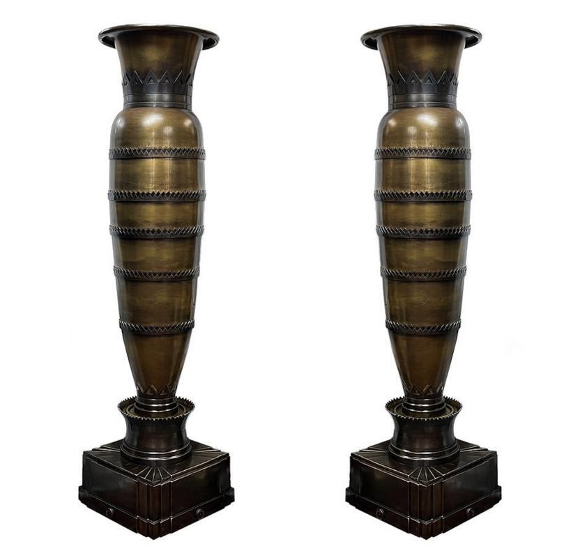 Pair Monumental Art Deco Bronze Vases from Waldorf Astoria Hotel
