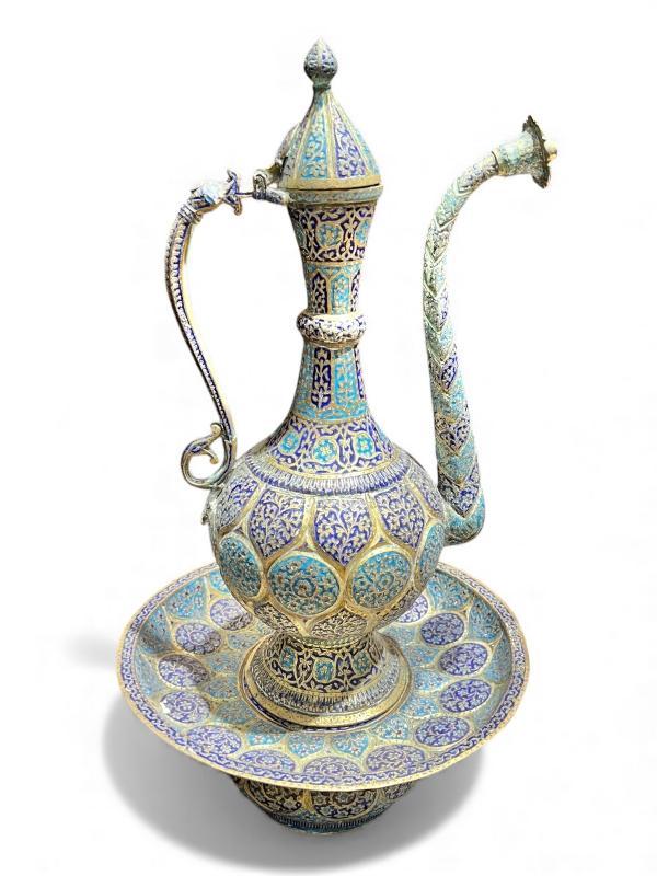 Antique Kashmiri Minakari Enamel Inlaid Kahwa Ewer and Plate Set