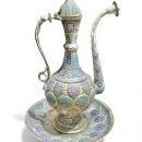 Antique Kashmiri Minakari Enamel Inlaid Kahwa Ewer and Plate Set