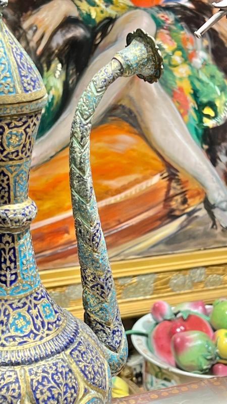 Antique Kashmiri Minakari Enamel Inlaid Kahwa Ewer and Plate Set