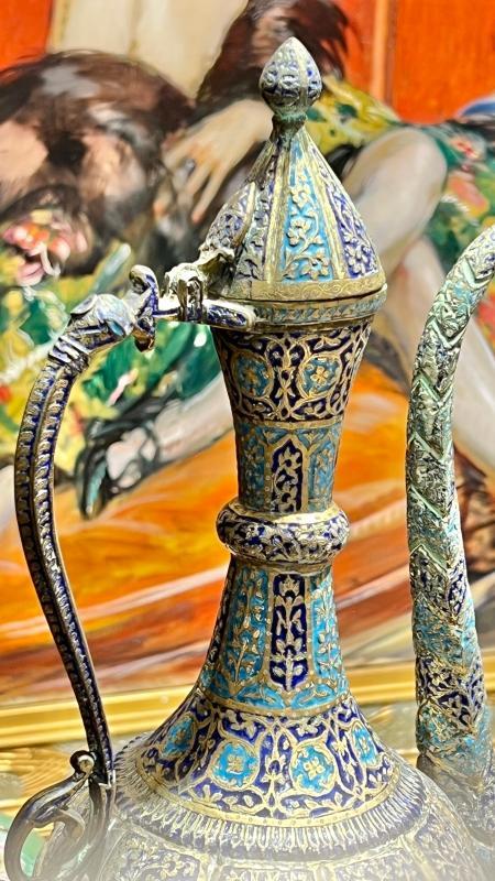 Antique Kashmiri Minakari Enamel Inlaid Kahwa Ewer and Plate Set