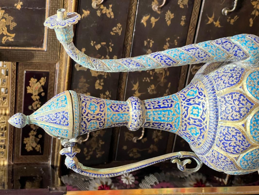 Antique Kashmiri Minakari Enamel Inlaid Kahwa Ewer and Plate Set