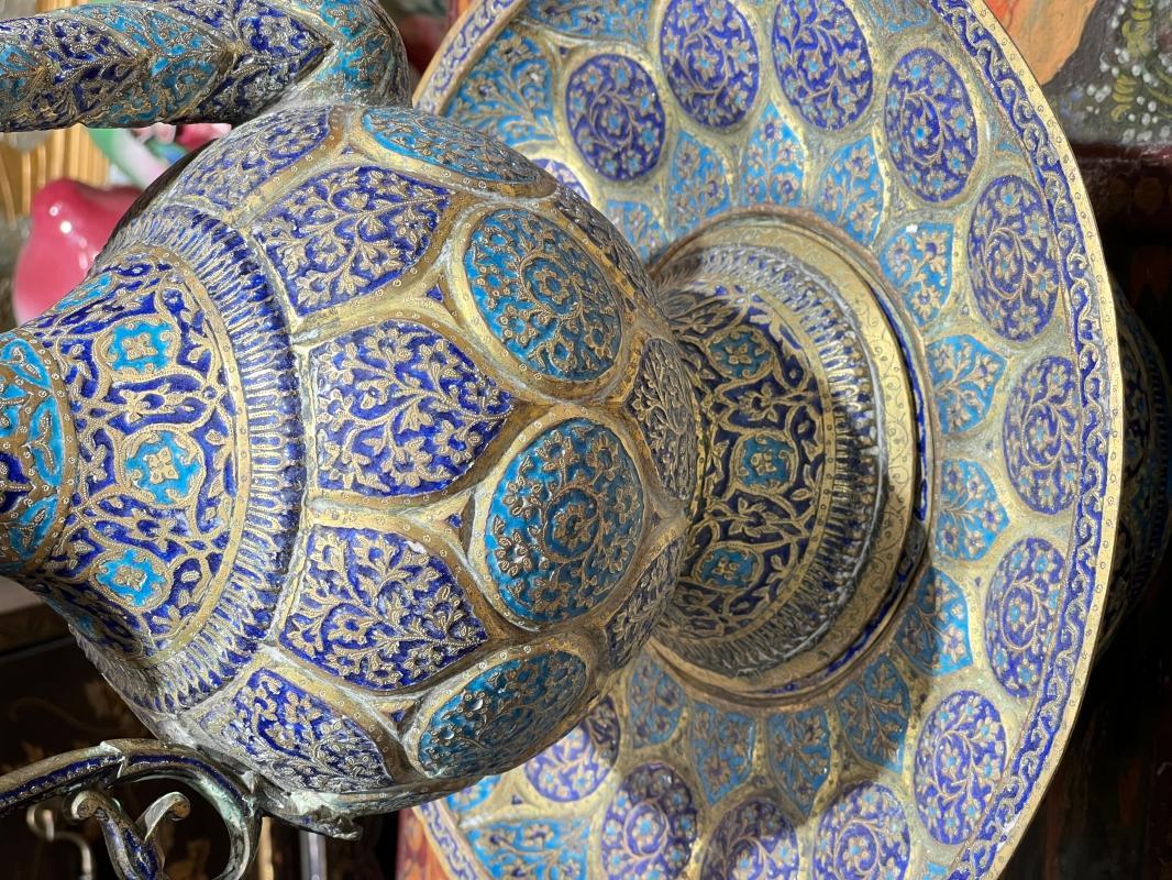 Antique Kashmiri Minakari Enamel Inlaid Kahwa Ewer and Plate Set