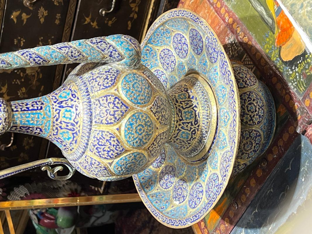 Antique Kashmiri Minakari Enamel Inlaid Kahwa Ewer and Plate Set