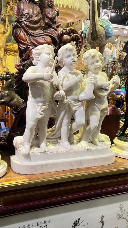 Antique Italian Carved Marble Sculpture of Putti Musicians