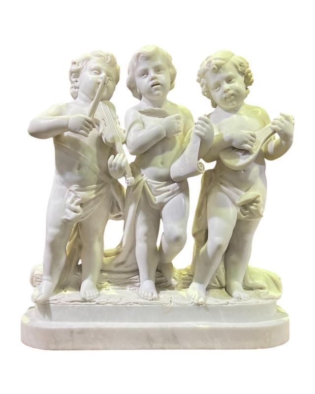 Antique Italian Carved Marble Sculpture of Putti Musicians