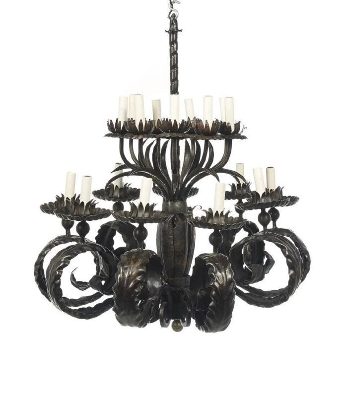 Gilbert Poillerat Art Deco Style Patinated Bronze 18 Light Chandelier