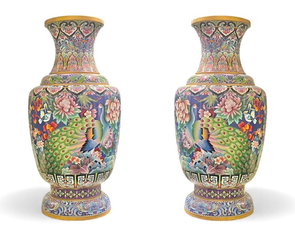 Pair Monumental Chinese Cloisonne Vases with Peacocks and Chrysanthemum